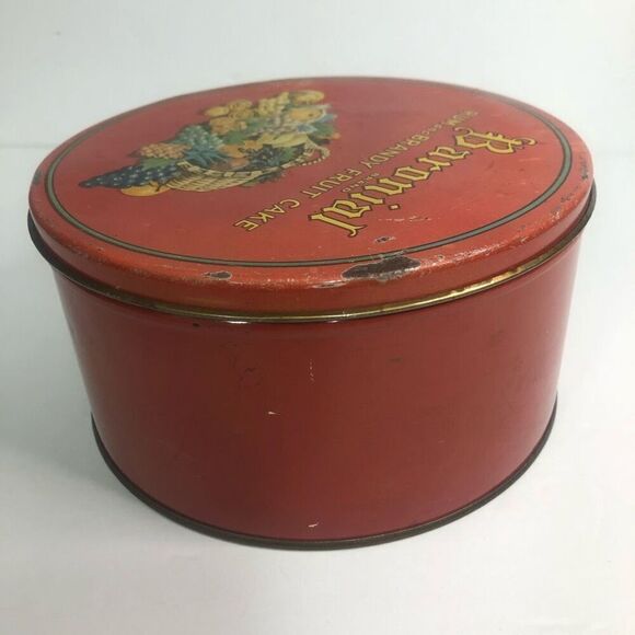 vtg baronial brand rum and brandy fruit cake metal tin round red htf as is - Picture 7 of 15